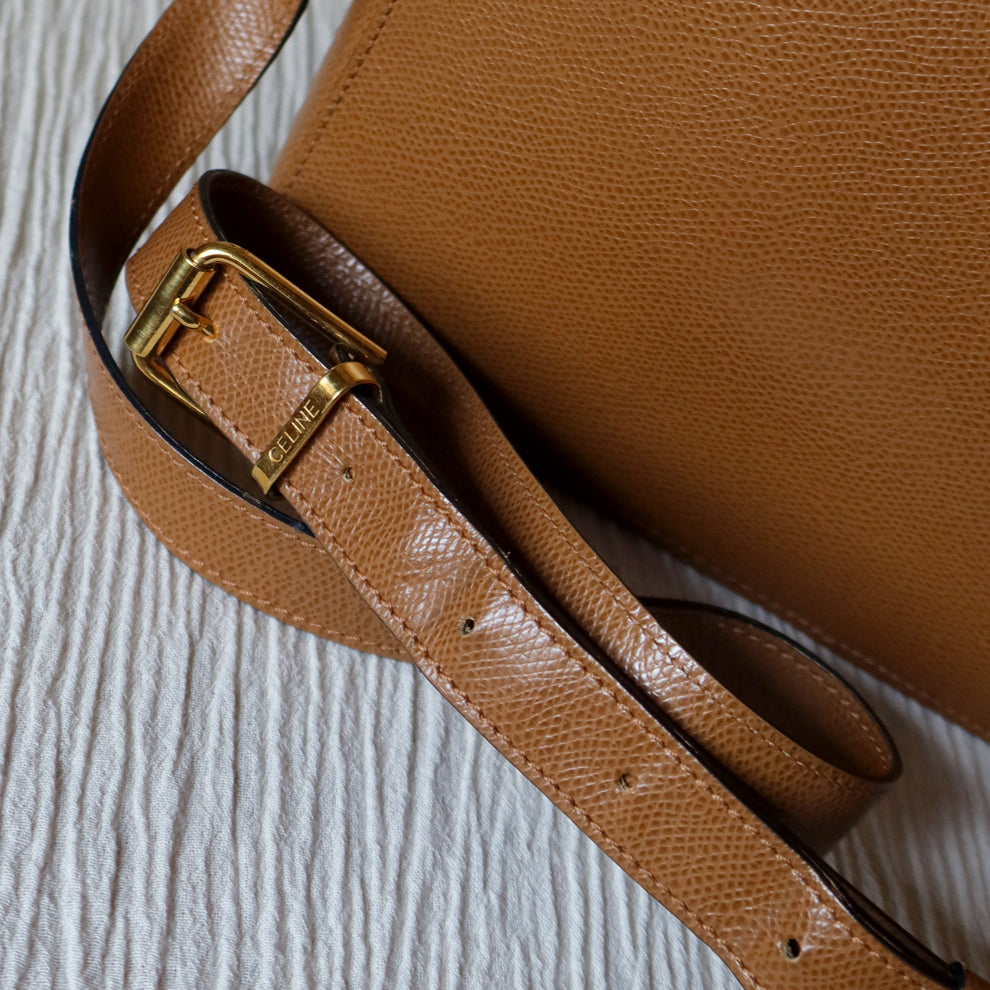 Celine Vintage Caramel Brown Leather Turnlock Crossbody Bag