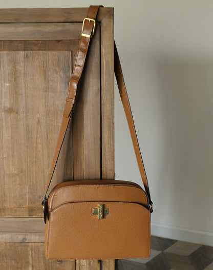 Celine Vintage Caramel Brown Leather Turnlock Crossbody Bag