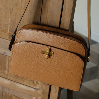 Celine Vintage Caramel Brown Leather Turnlock Crossbody Bag