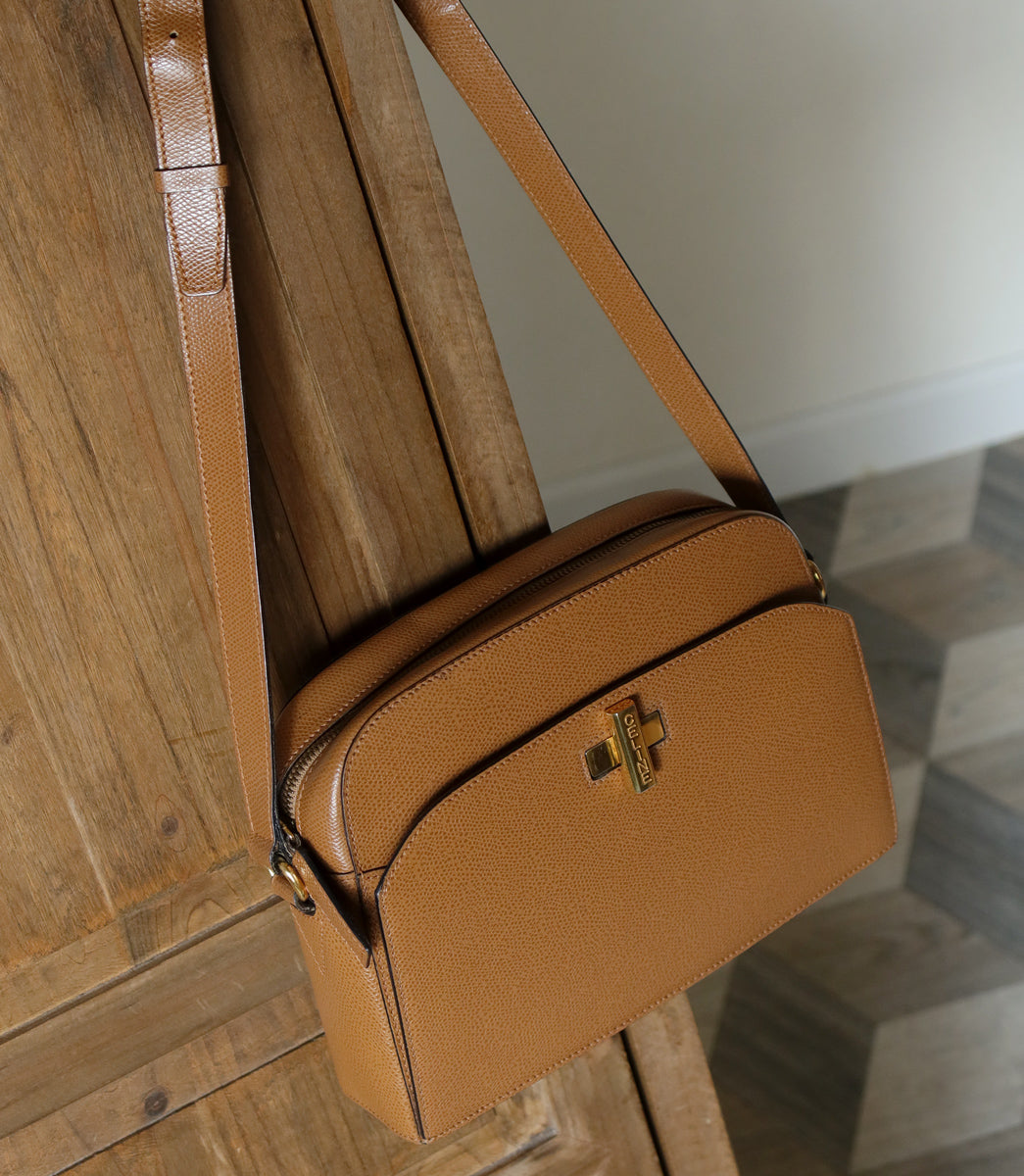 Celine Vintage Caramel Brown Leather Turnlock Crossbody Bag