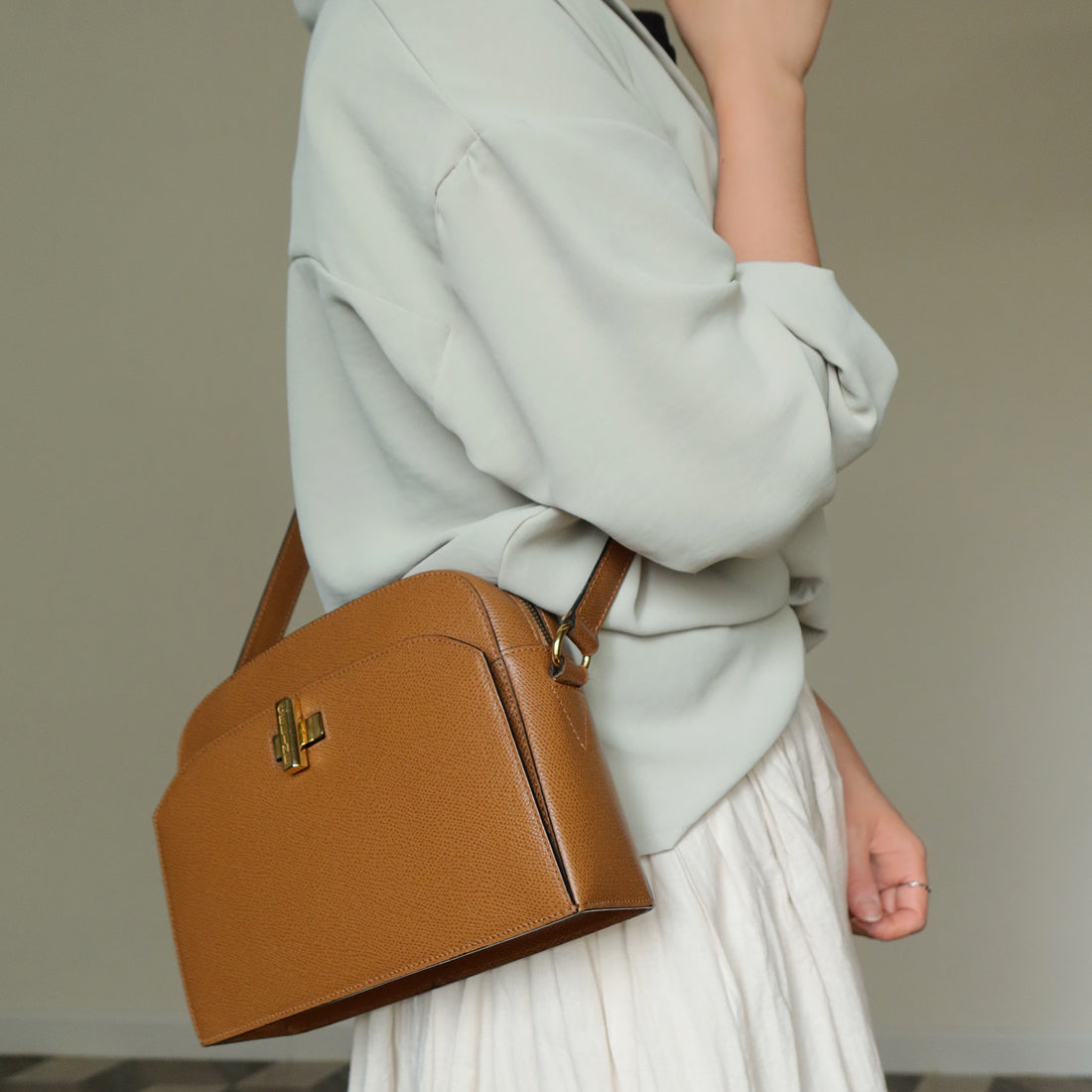 Celine Vintage Caramel Brown Leather Turnlock Crossbody Bag