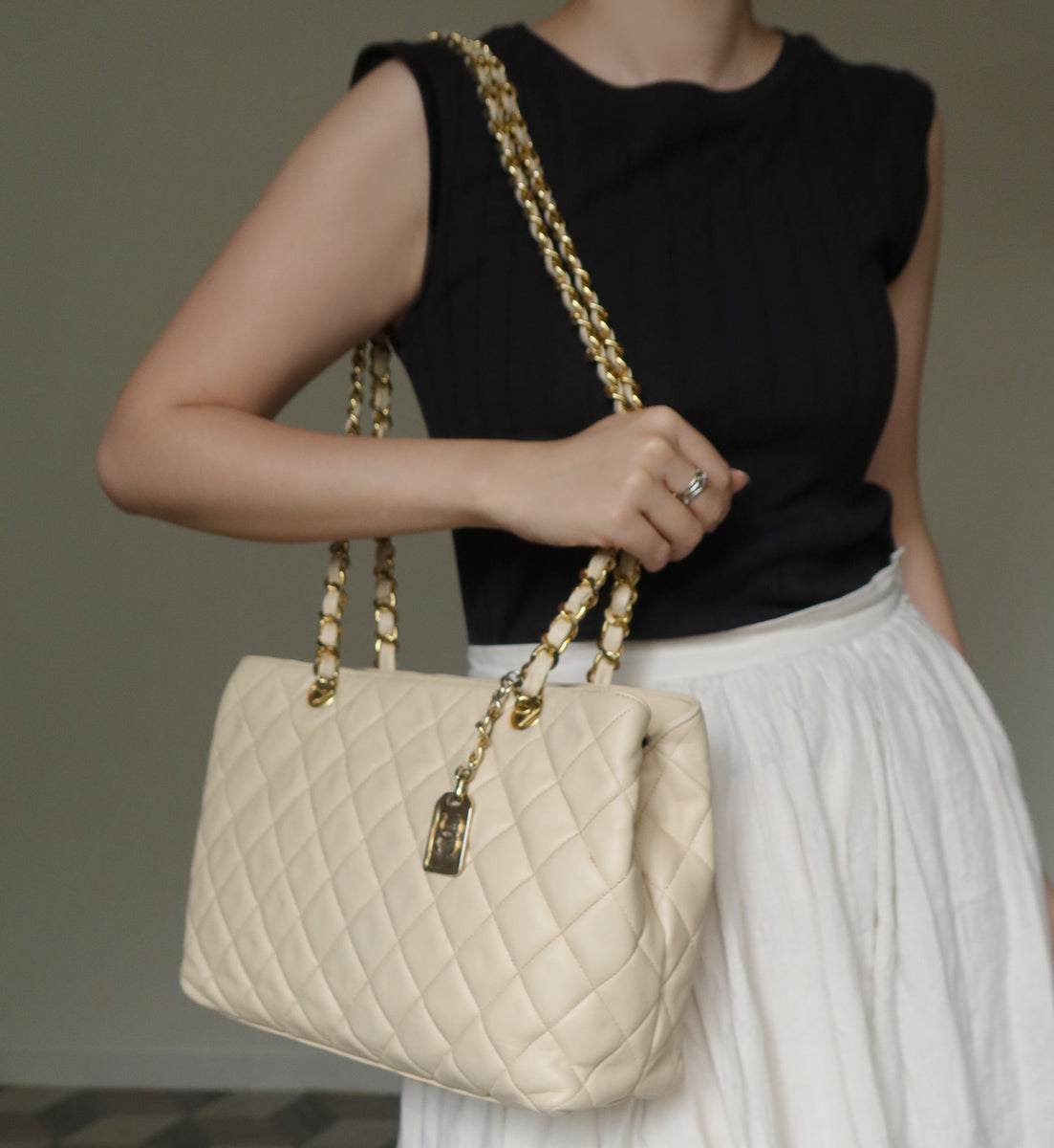 Chanel Vintage Beige Quilted Matelasse CC charm Shoulder Bag