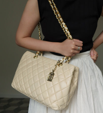 Chanel Vintage Beige Quilted Matelasse CC charm Shoulder Bag