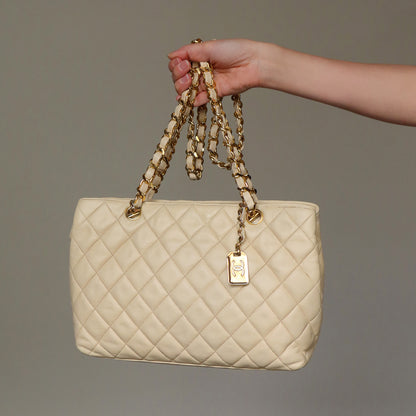 Chanel Vintage Beige Quilted Matelasse CC charm Shoulder Bag