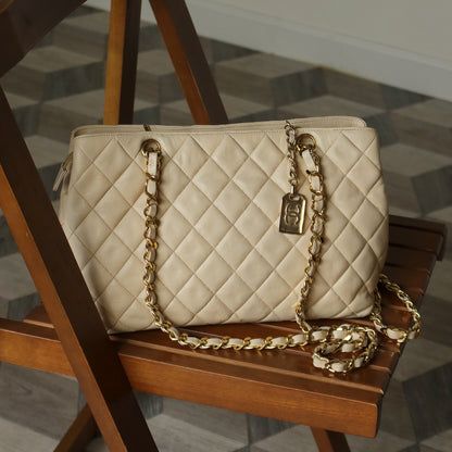 Chanel Vintage Beige Quilted Matelasse CC charm Shoulder Bag