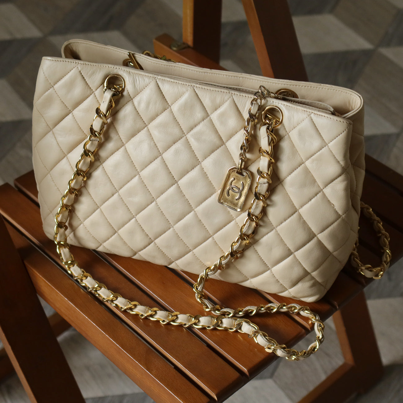 Chanel Vintage Beige Quilted Matelasse CC charm Shoulder Bag