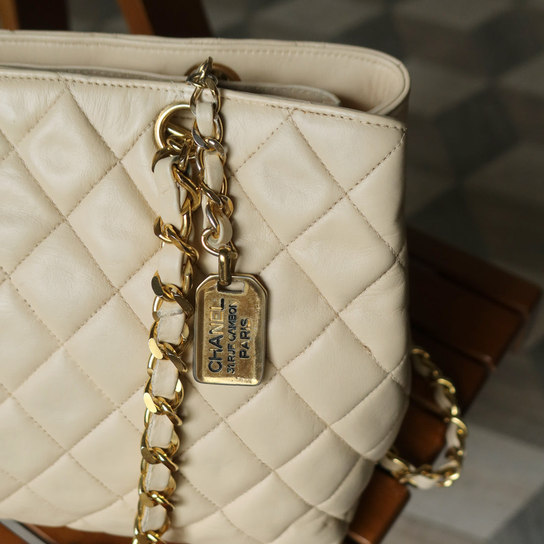 Chanel Vintage Beige Quilted Matelasse CC charm Shoulder Bag