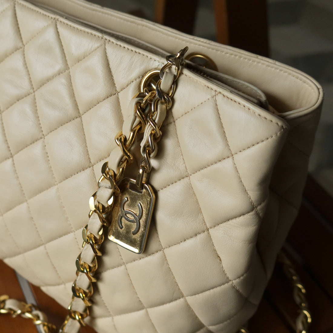 Chanel Vintage Beige Quilted Matelasse CC charm Shoulder Bag