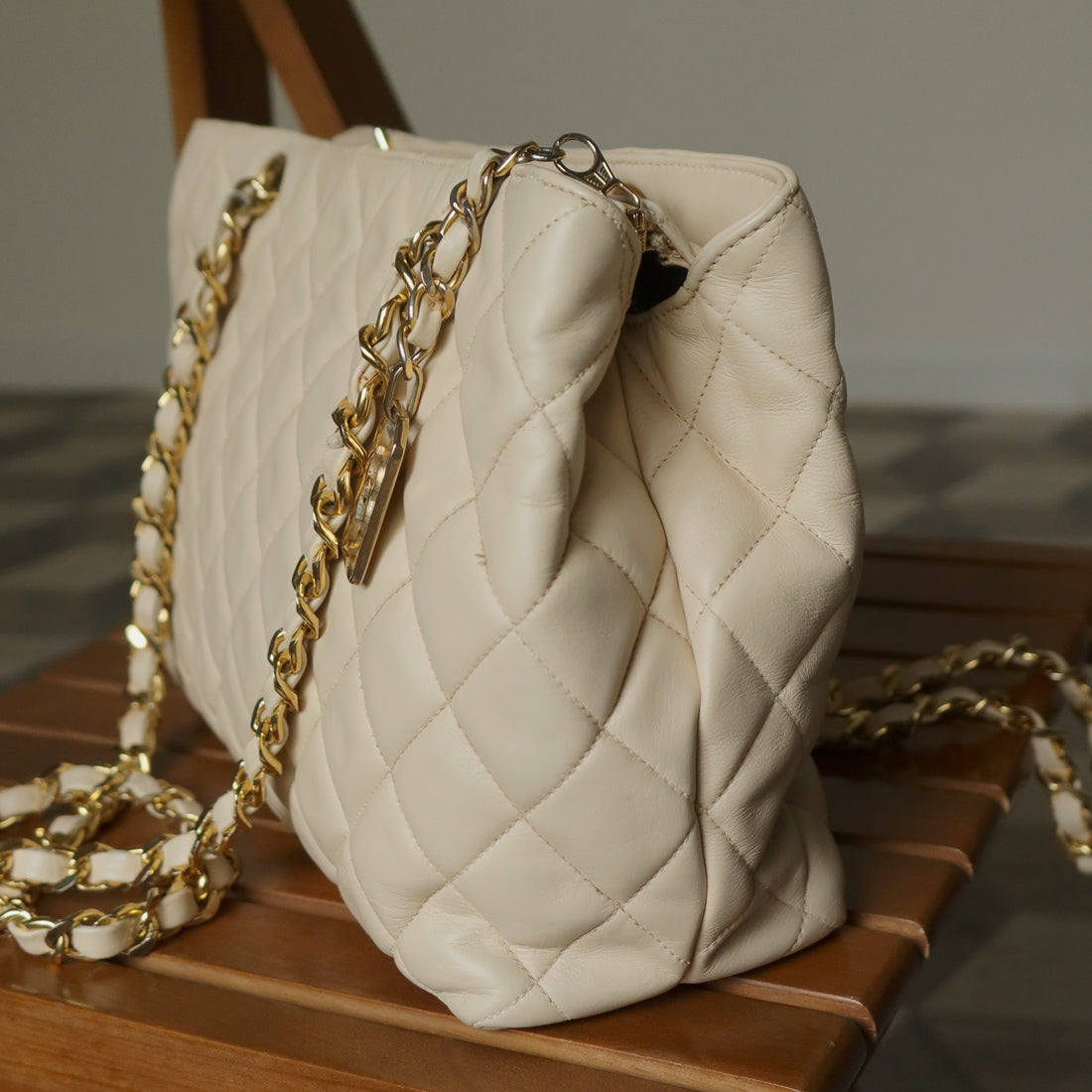 Chanel Vintage Beige Quilted Matelasse CC charm Shoulder Bag