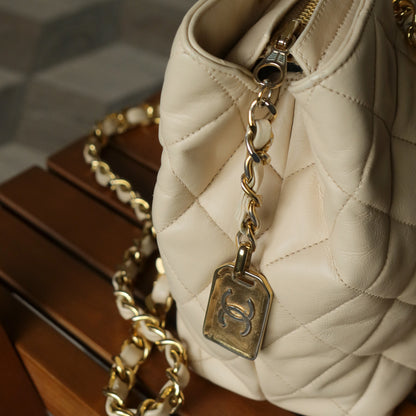 Chanel Vintage Beige Quilted Matelasse CC charm Shoulder Bag