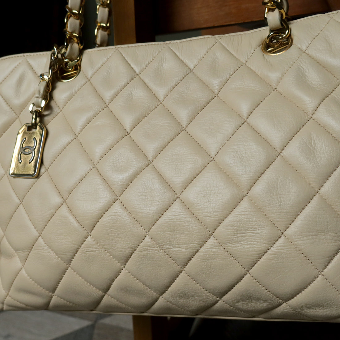 Chanel Vintage Beige Quilted Matelasse CC charm Shoulder Bag