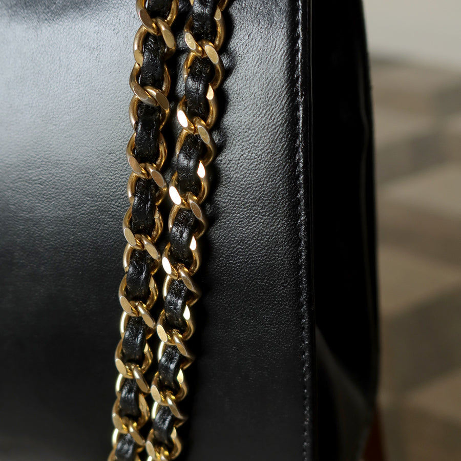 Chanel Vintage Black Lambskin Leather Coco mark Double Chain Shoulder Bag