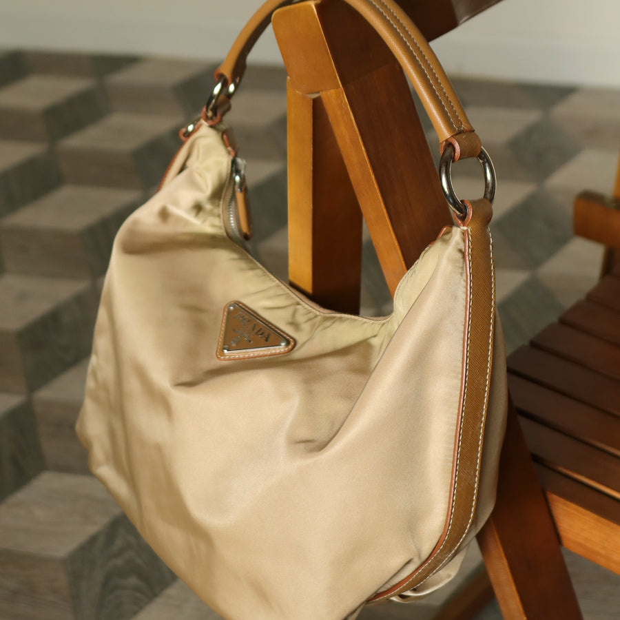 Prada Vintage Brown Khaki Nylon Tessuto Medium Hobo Bag