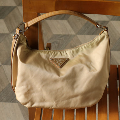 Prada Vintage Brown Khaki Nylon Tessuto Medium Hobo Bag