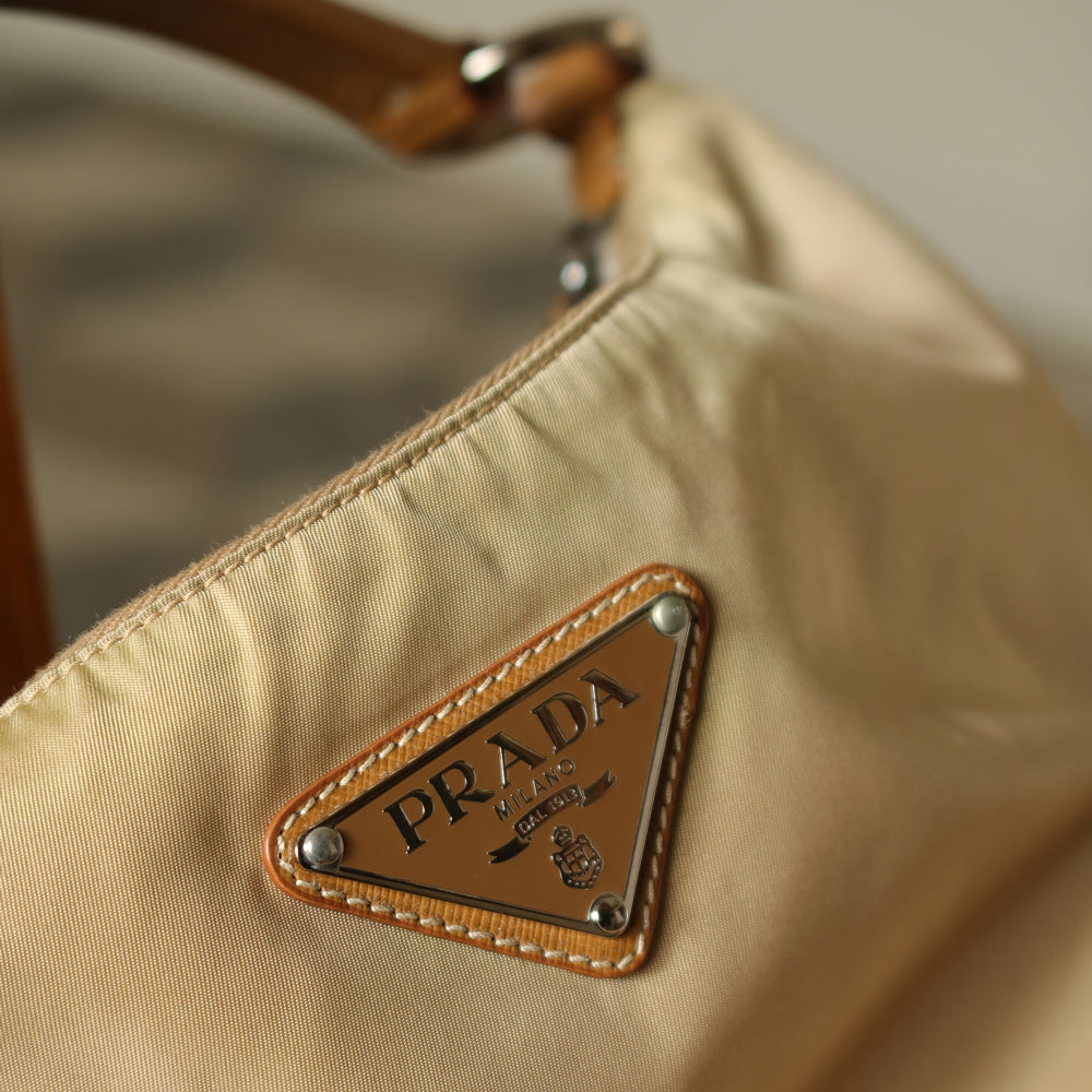 Prada Vintage Brown Khaki Nylon Tessuto Medium Hobo Bag