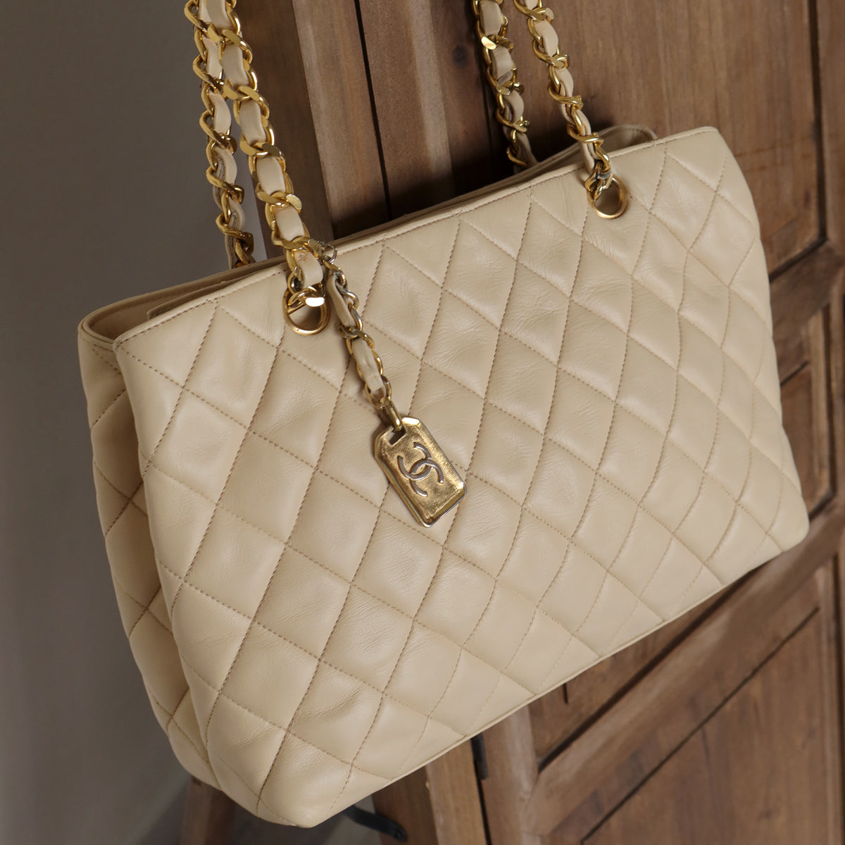 Chanel Vintage Beige Quilted Matelasse CC charm Shoulder Bag