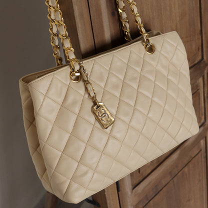 Chanel Vintage Beige Quilted Matelasse CC charm Shoulder Bag