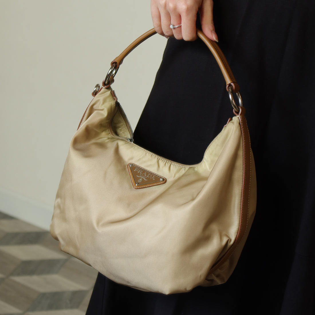 Prada Vintage Brown Khaki Nylon Tessuto Medium Hobo Bag