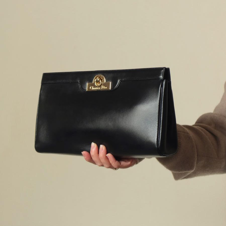 Christian Dior Vintage Gold Turn lock Black Leather Clutch Bag