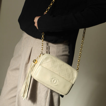 Chanel Vintage Matelasse Quilted Coco mark Cream Ivory Tassel Camera Bag