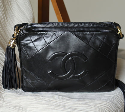 Chanel Vintage Black Lambskin Quilted CC mark Shoulder Bag with Tassel