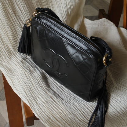 Chanel Vintage Black Lambskin Quilted CC mark Shoulder Bag with Tassel