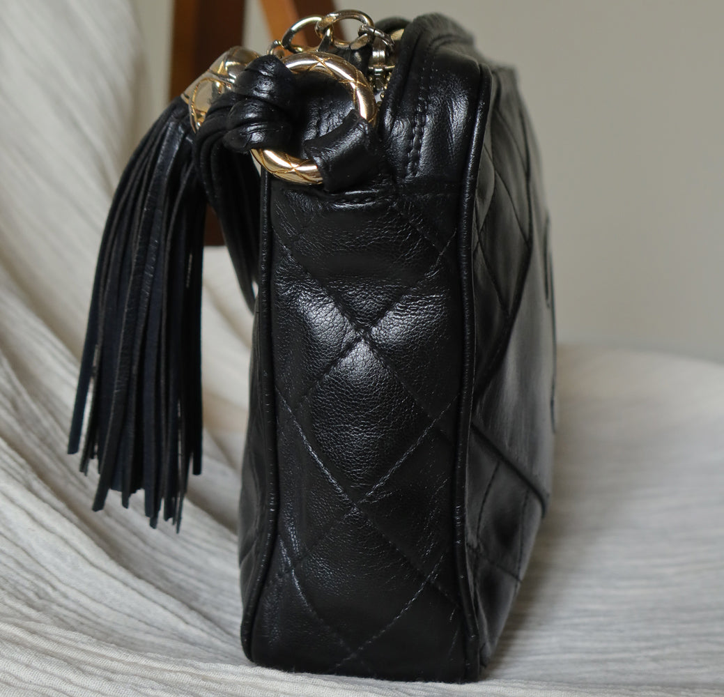 Chanel Vintage Black Lambskin Quilted CC mark Shoulder Bag with Tassel