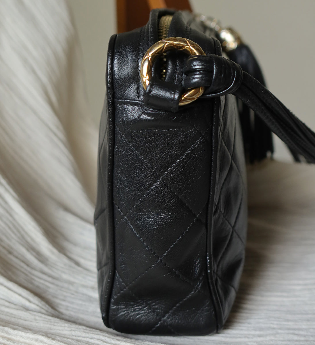 Chanel Vintage Black Lambskin Quilted CC mark Shoulder Bag with Tassel