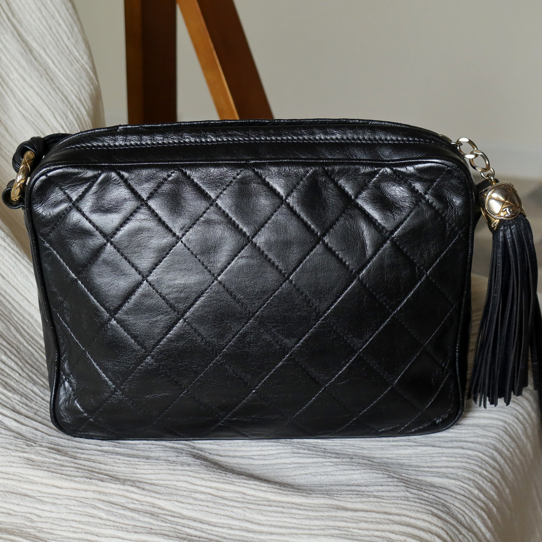 Chanel Vintage Black Lambskin Quilted CC mark Shoulder Bag with Tassel