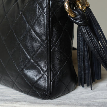 Chanel Vintage Black Lambskin Quilted CC mark Shoulder Bag with Tassel