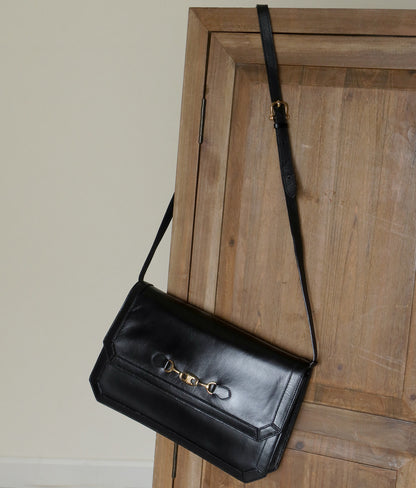 Celine Vintage Black Leather Triomphe Logo Crossbody Bag