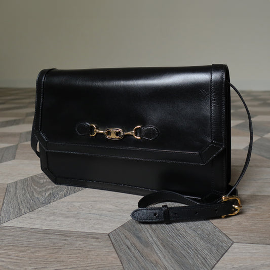 Celine Vintage Black Leather Triomphe Logo Crossbody Bag