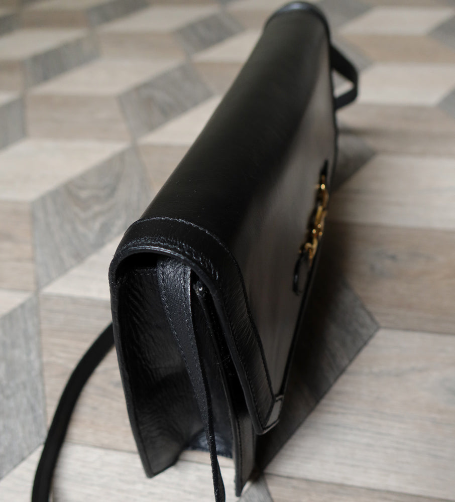 Celine Vintage Black Leather Triomphe Logo Crossbody Bag