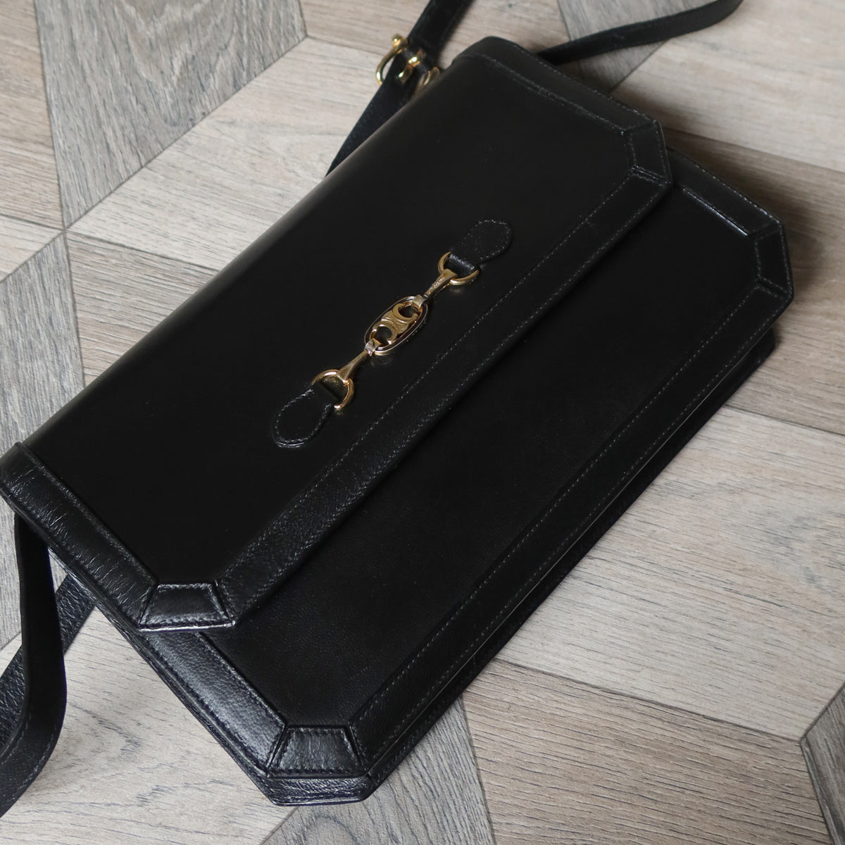 Celine Vintage Black Leather Triomphe Logo Crossbody Bag