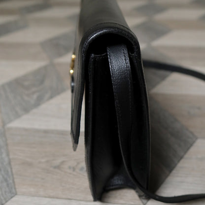 Celine Vintage Black Leather Triomphe Logo Crossbody Bag