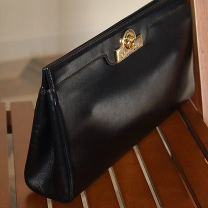 Christian Dior Vintage Gold Turn lock Black Leather Clutch Bag