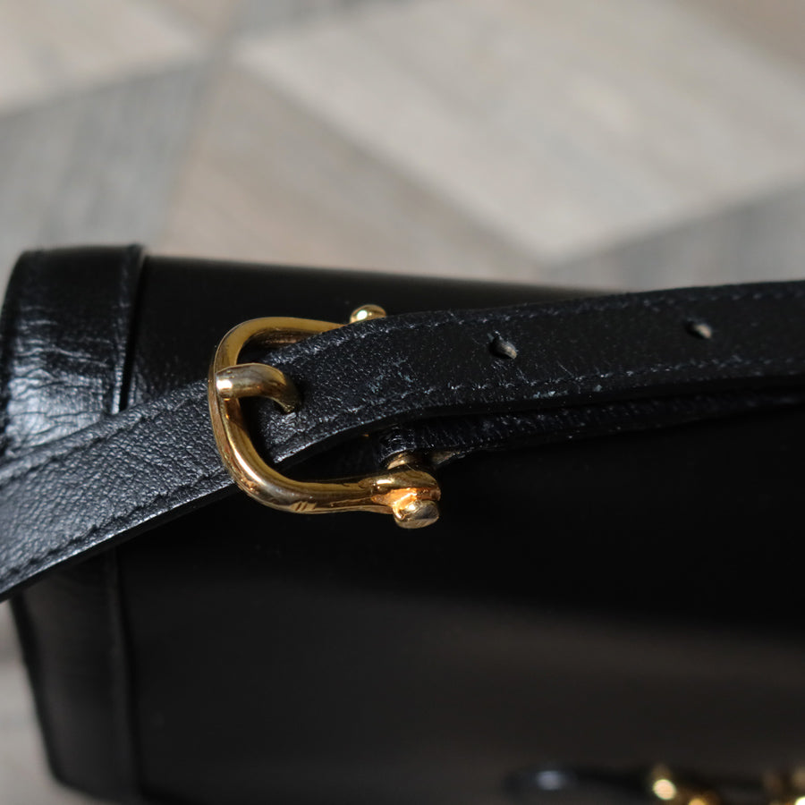 Celine Vintage Black Leather Triomphe Logo Crossbody Bag