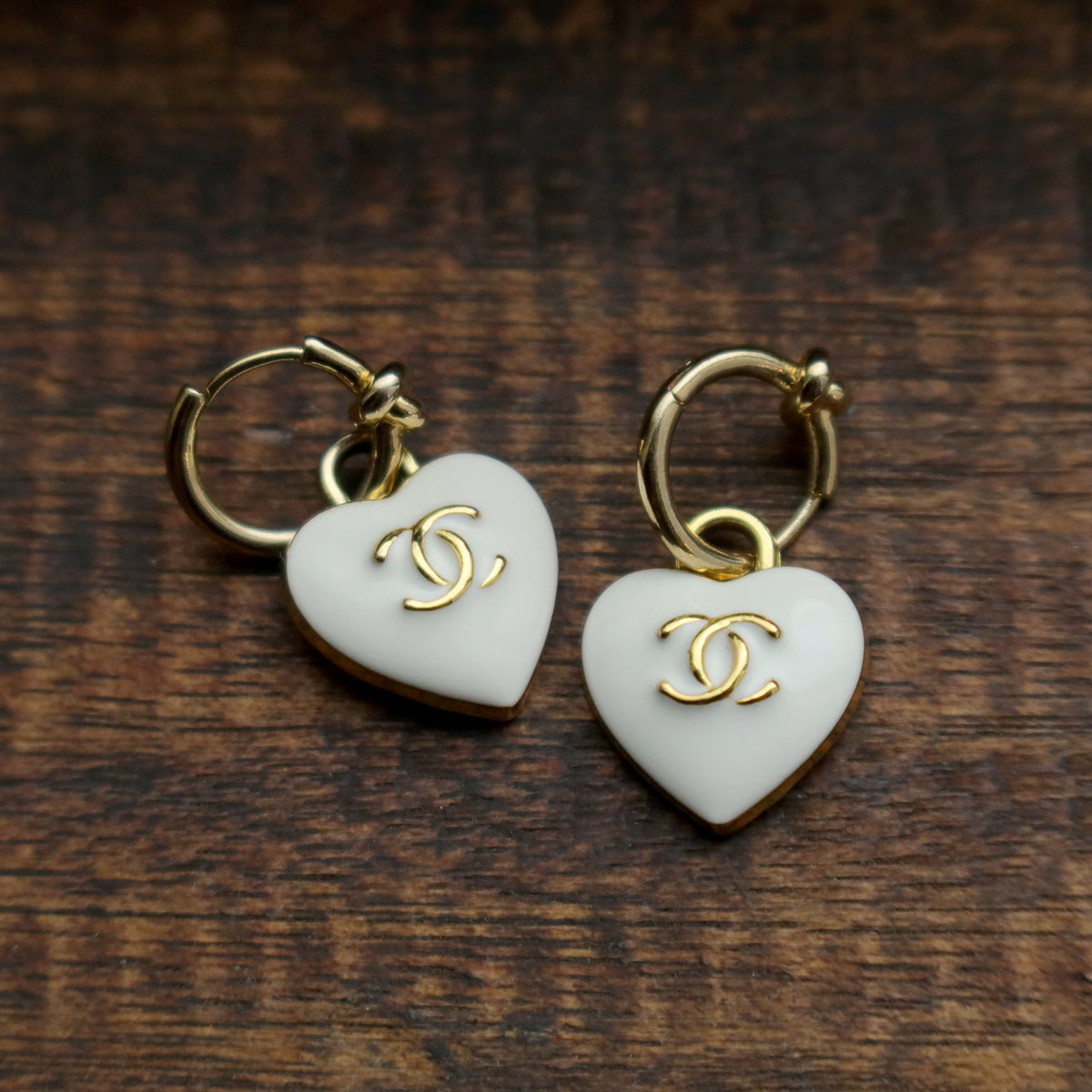 Chanel Vintage White Heart CC Charm Hoop Earrings