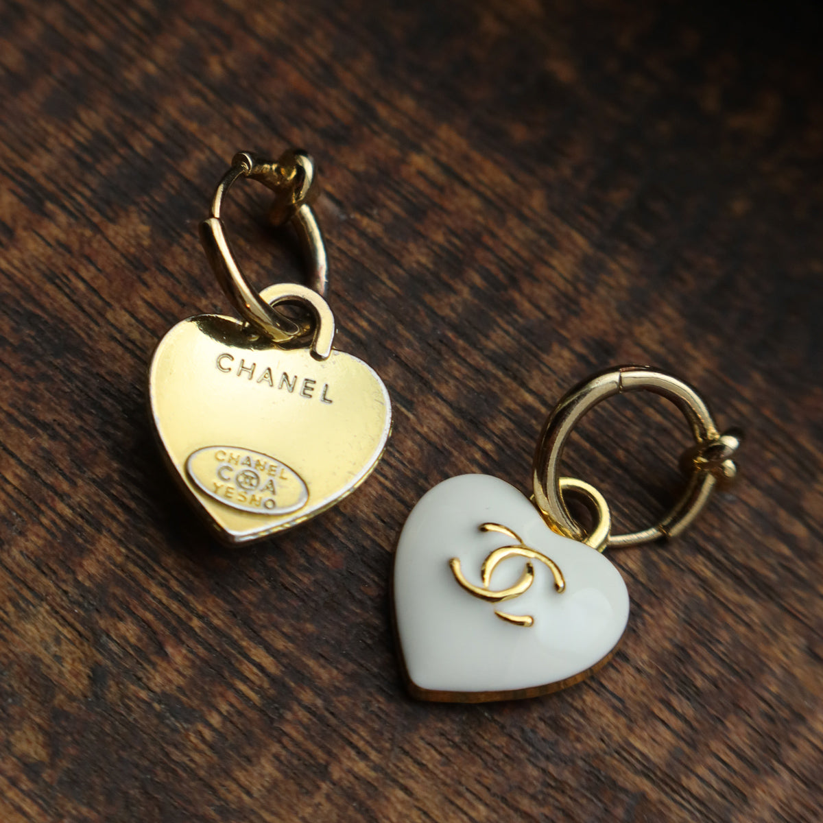 Chanel Vintage White Heart CC Charm Hoop Earrings