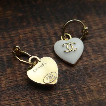 Chanel Vintage White Heart CC Charm Hoop Earrings