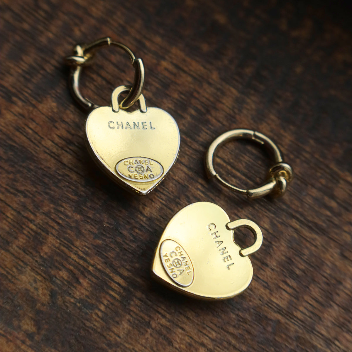 Chanel Vintage White Heart CC Charm Hoop Earrings