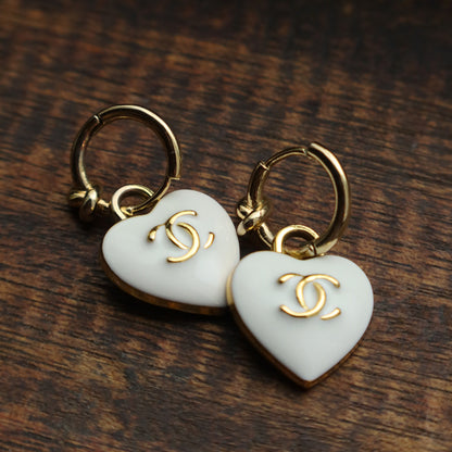 Chanel Vintage White Heart CC Charm Hoop Earrings