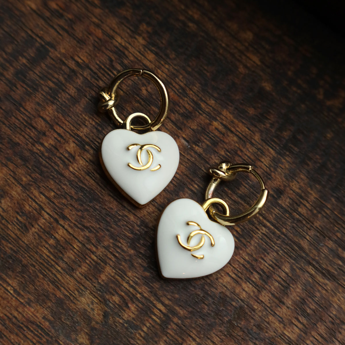 Chanel Vintage White Heart CC Charm Hoop Earrings