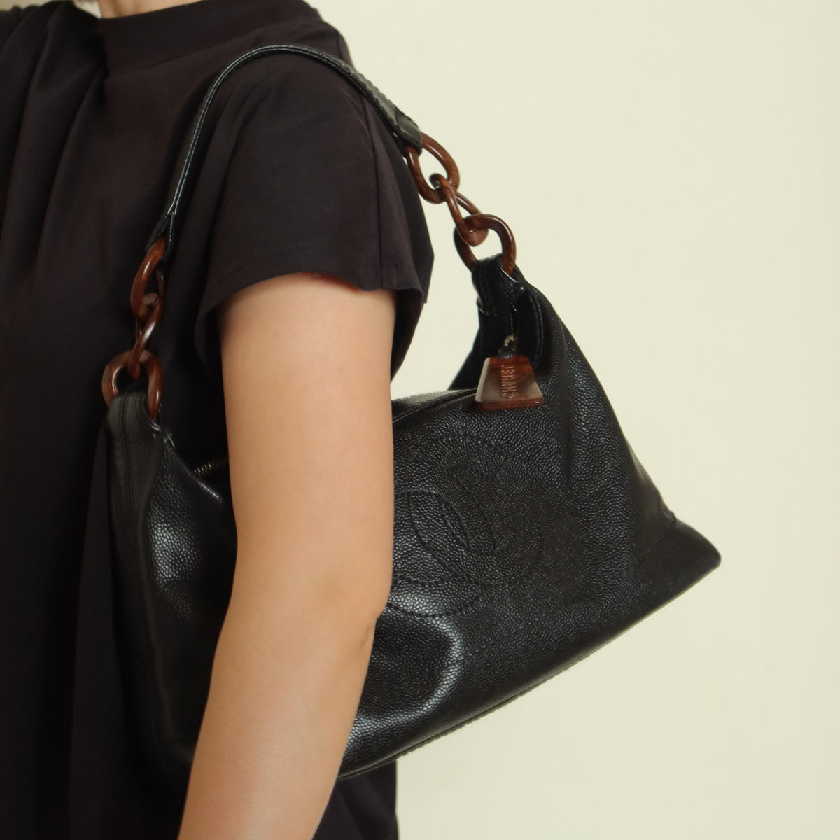 Chanel Vintage Black Caviar Leather Hobo Coco Shoulder Bag