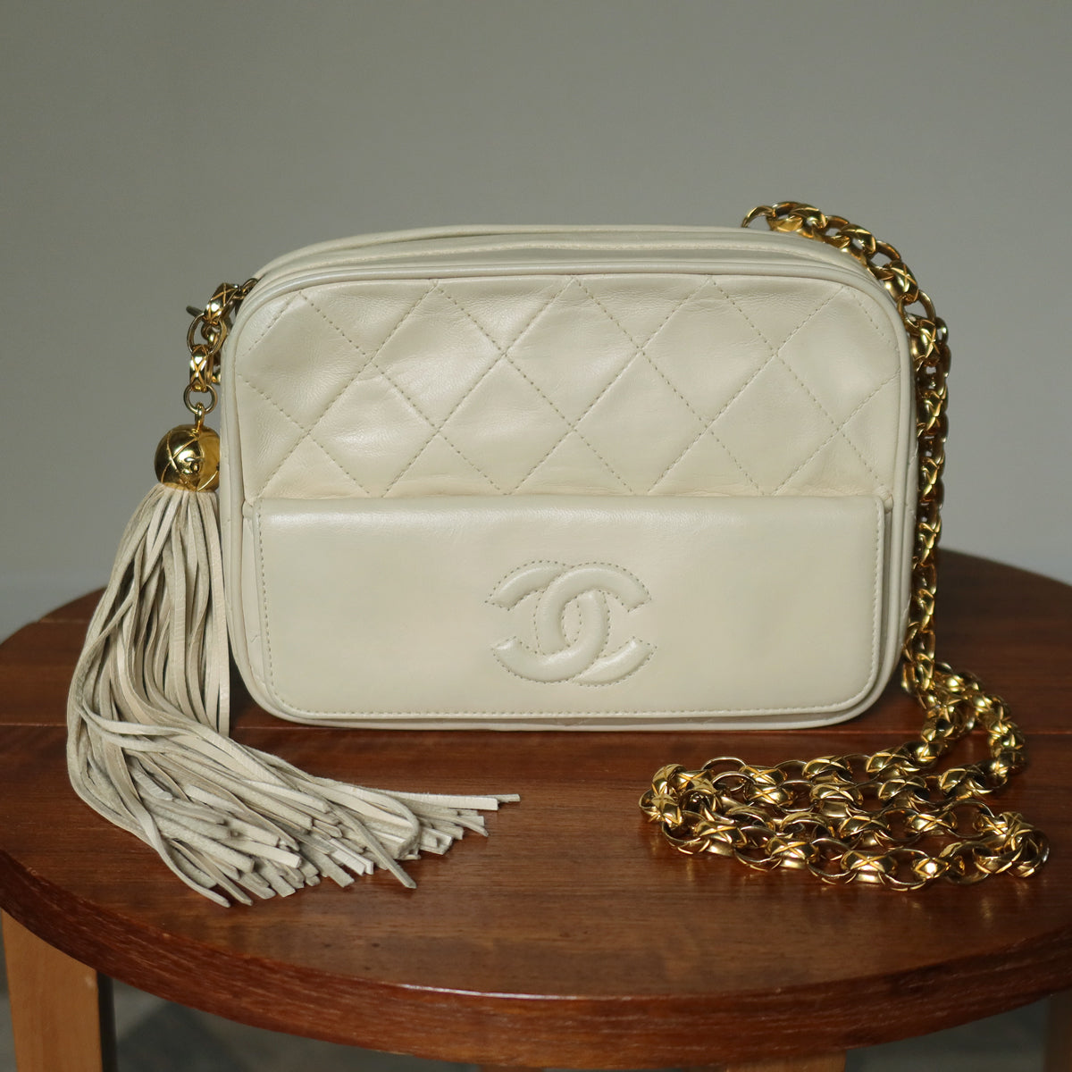 Chanel Vintage Matelasse Quilted Coco mark Cream Ivory Tassel Camera Bag