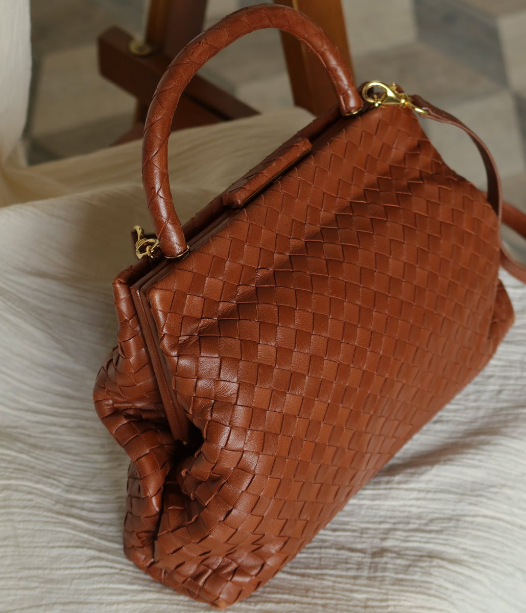 Bottega Veneta Vintage Brown Intrecciato Kiss Lock 2way Bag