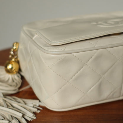 Chanel Vintage Matelasse Quilted Coco mark Cream Ivory Tassel Camera Bag