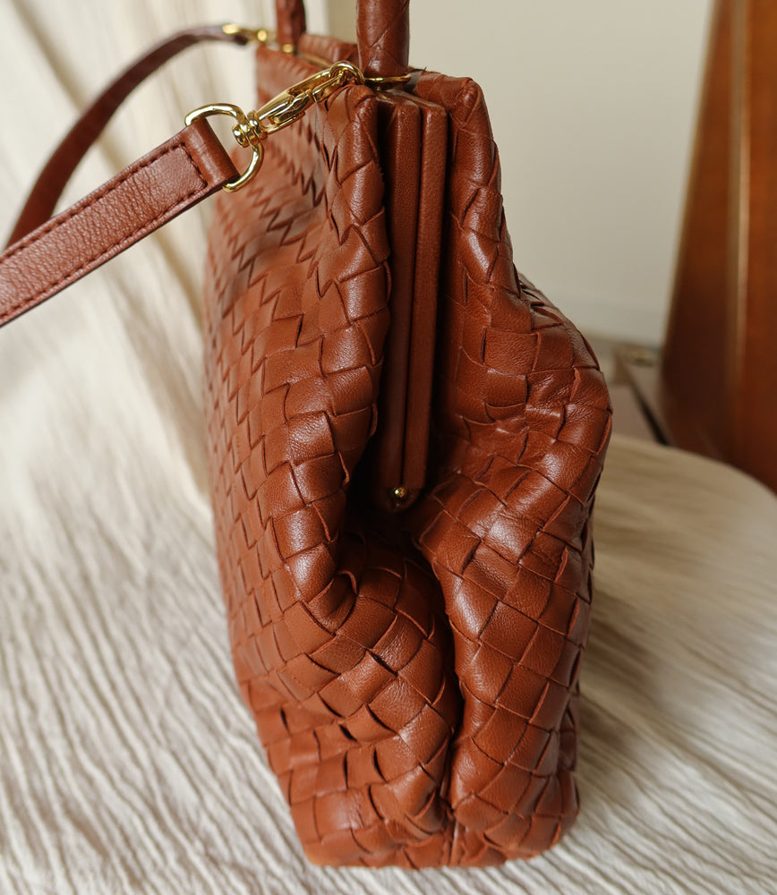 Bottega Veneta Vintage Brown Intrecciato Kiss Lock 2way Bag