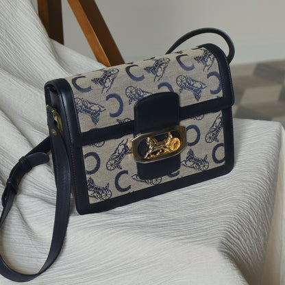 Celine Vintage Triomphe Horse Carriage C Sulky Dark Navy Shoulder Bag