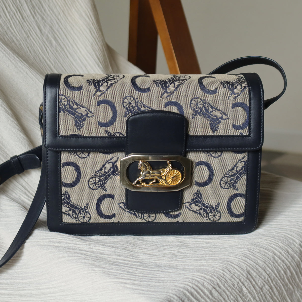 Celine Vintage Triomphe Horse Carriage C Sulky Dark Navy Shoulder Bag